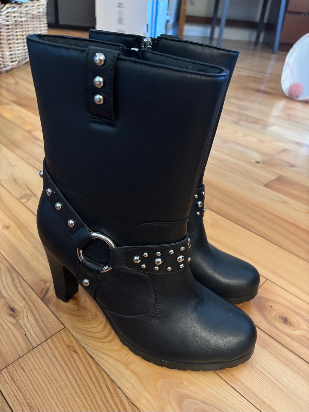 Real Leather Black Studded Mid-Calf Heeled Boots 4-inch Heel Size 10